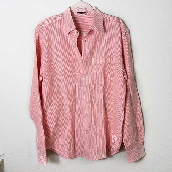 Tahari Linen Cotton Blend Striped orange white button down shirt size M - Picture 1 of 8